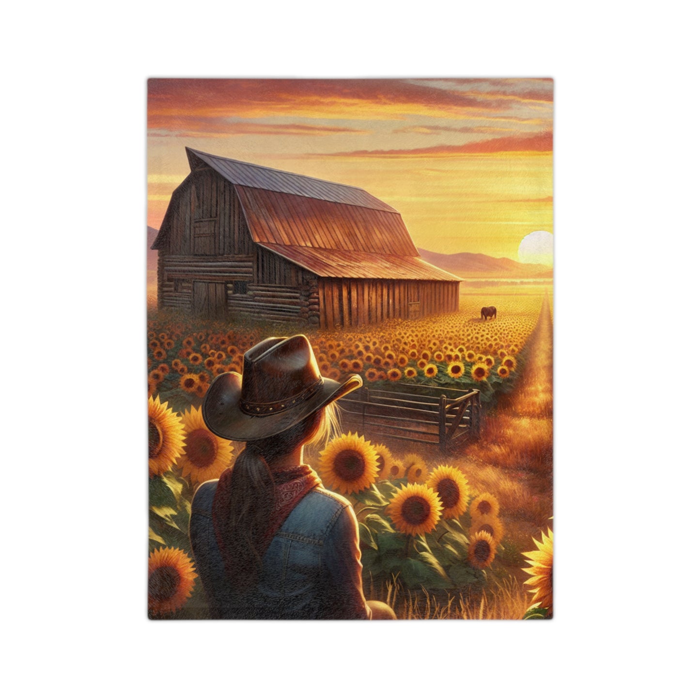 Cowgirl Sunset with barn and sunflowers, Velveteen Microfiber Blanket