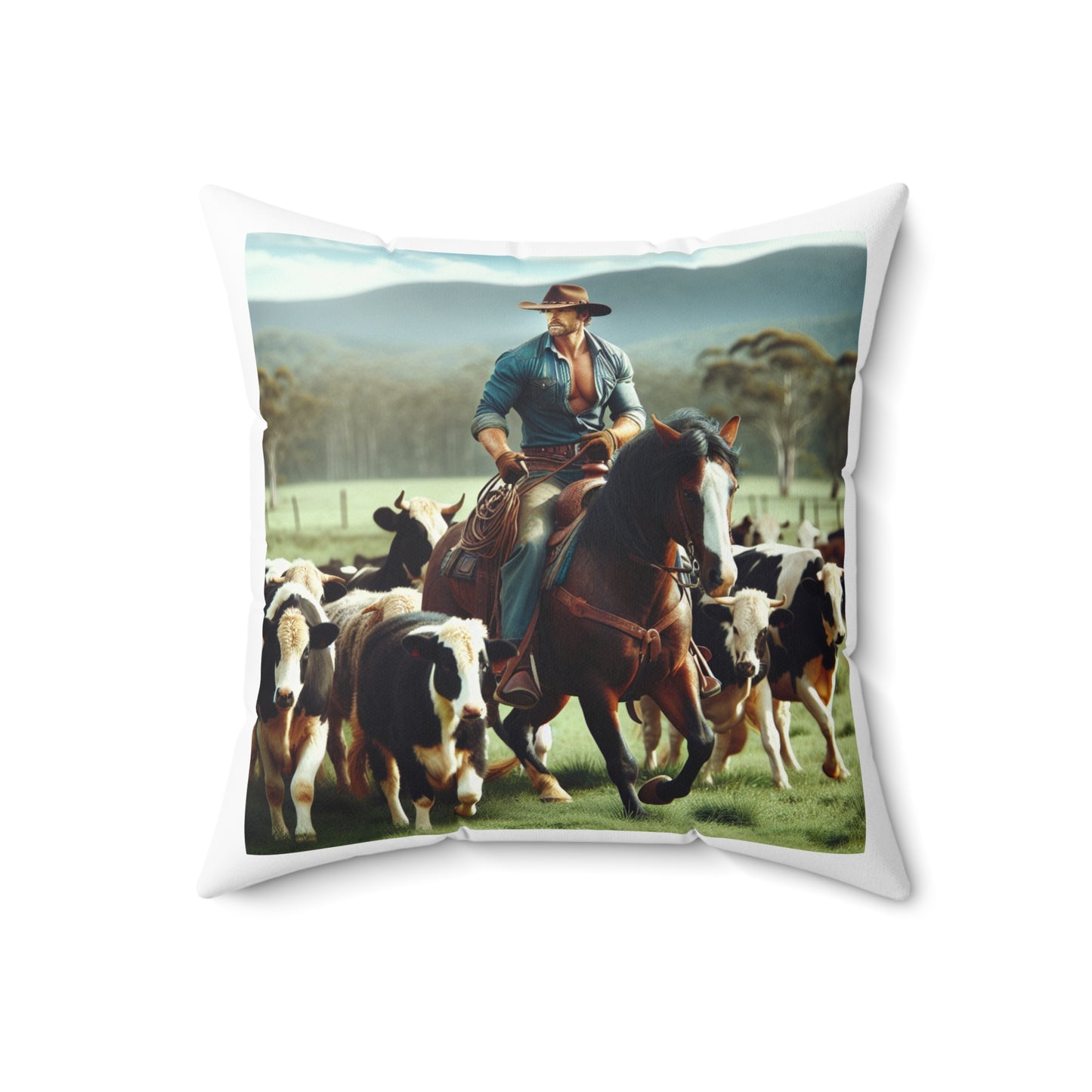 Cowboy and horse herding cattle, Spun Polyester Square Pillow