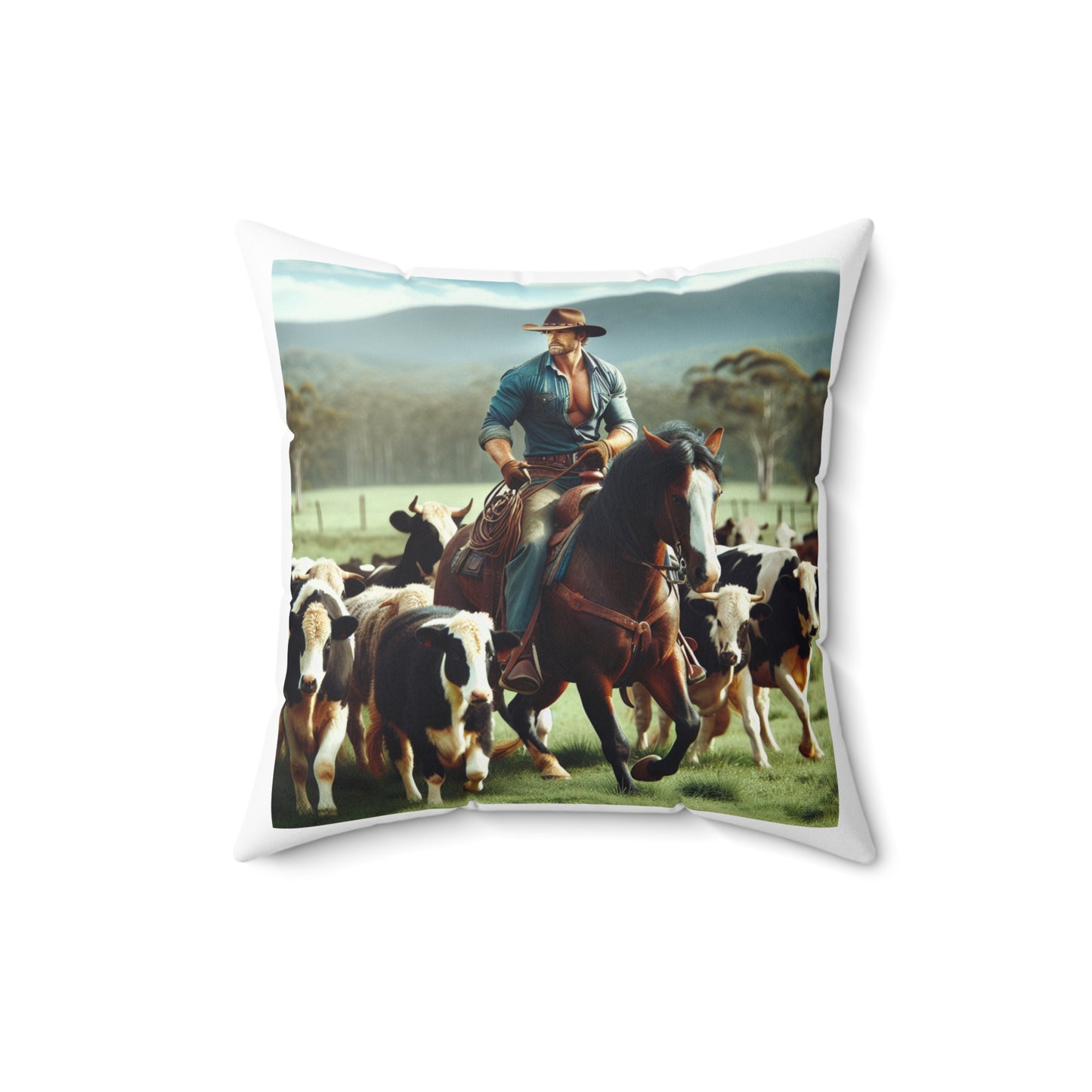 Cowboy and horse herding cattle, Spun Polyester Square Pillow