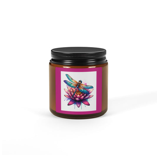 Dragonfly on Waterlily, Scented Soy Candle (Multi-Size, Amber Jar)