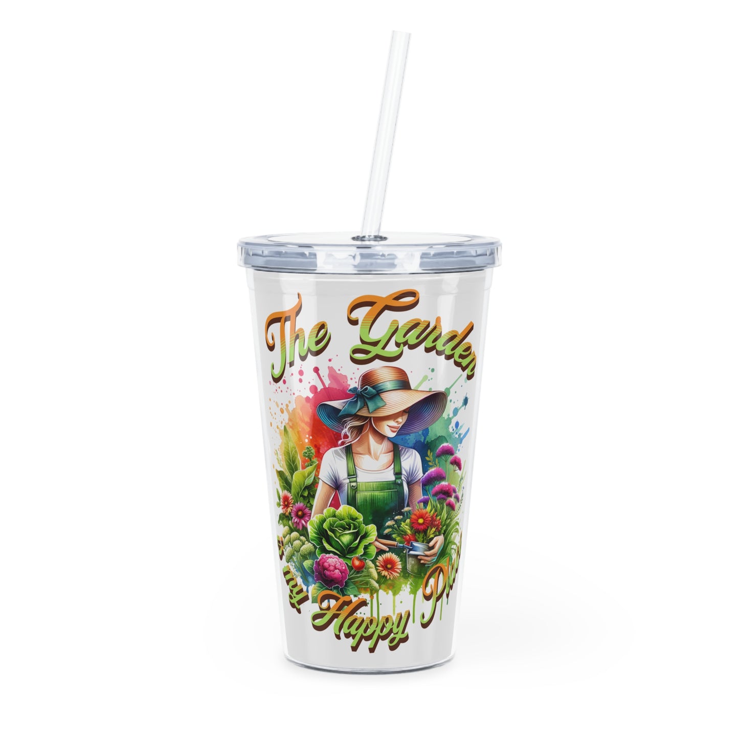 The Garden is my Happy Place, Plastic Tumbler with Straw