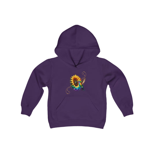 Rainbow Sunflower and Hummingbird, Youth Heavy Blend Hooded Sweatshirt