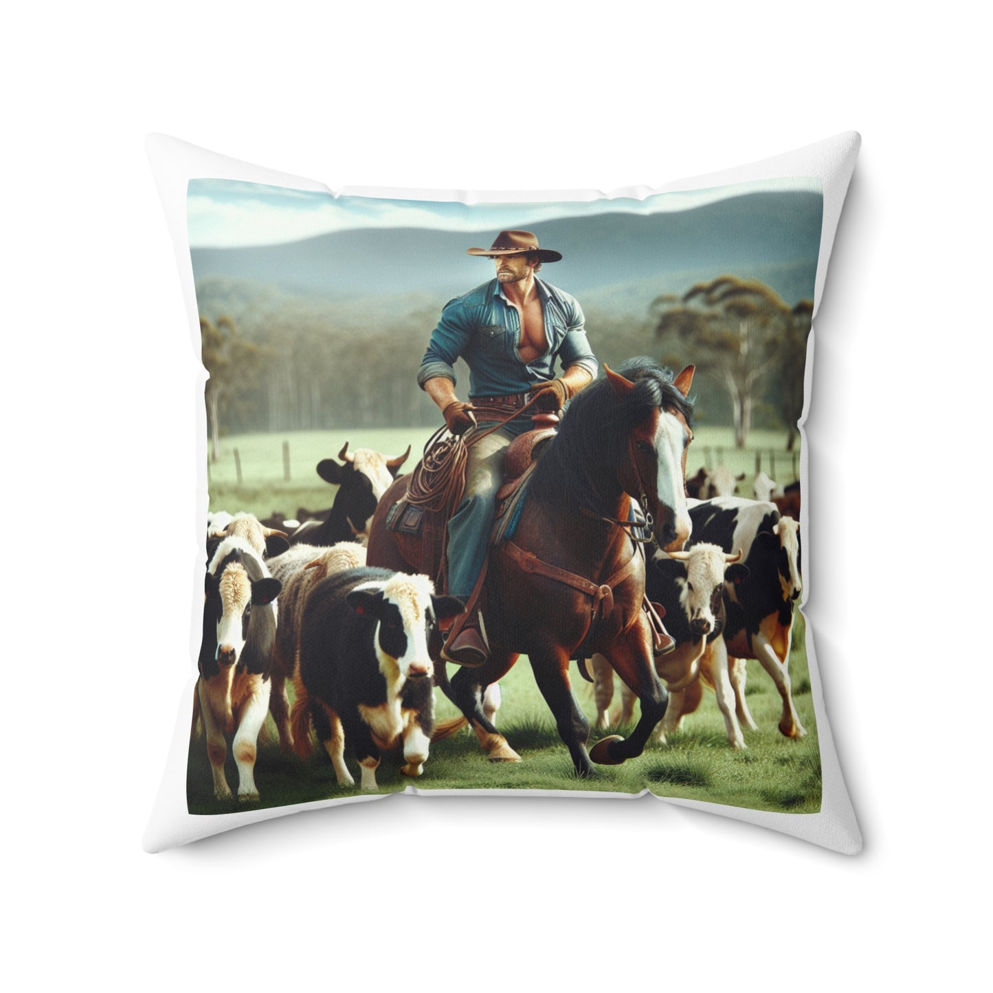 Cowboy and horse herding cattle, Spun Polyester Square Pillow