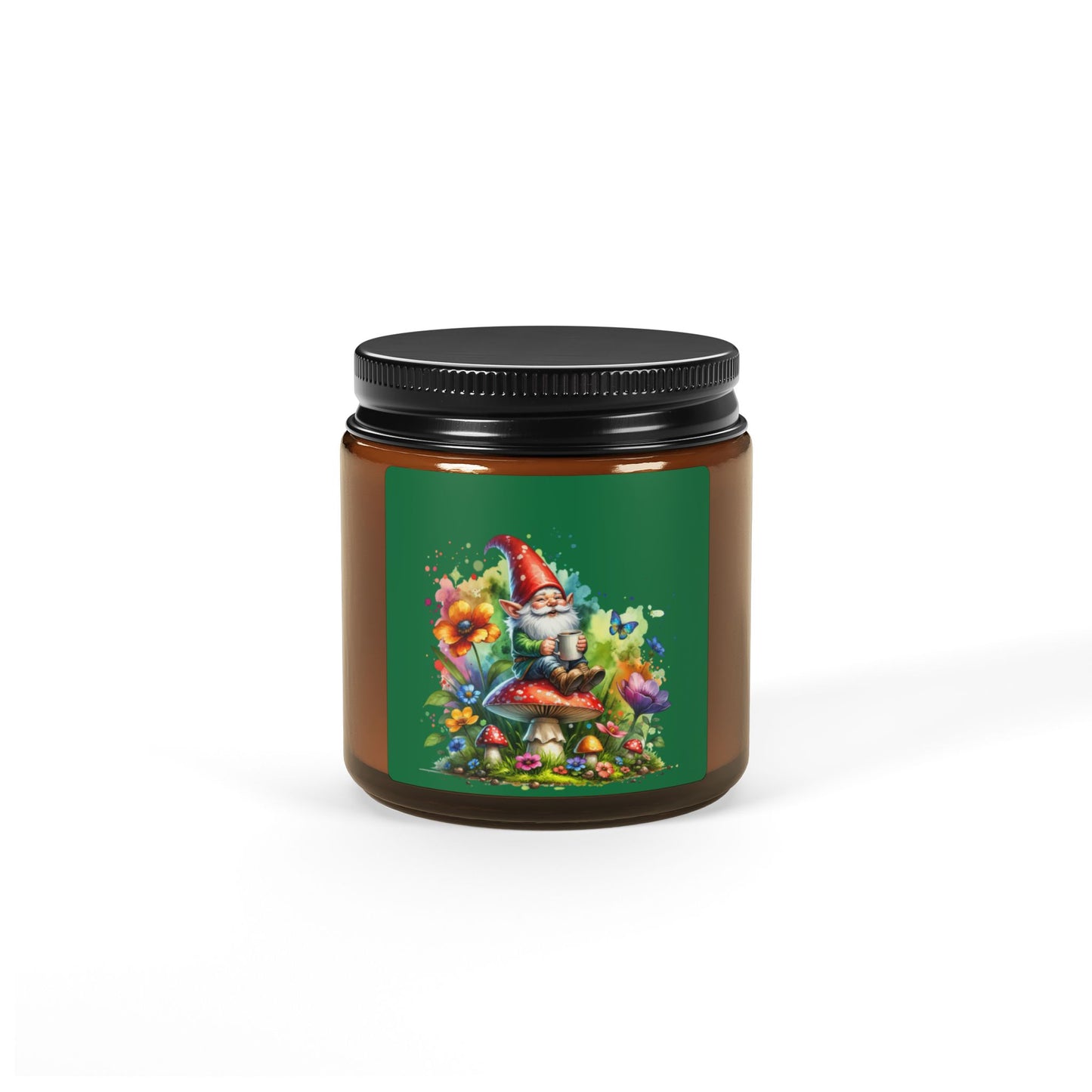 Gnome on mushroom, Scented Soy Candle (Multi-Size, Amber Jar)