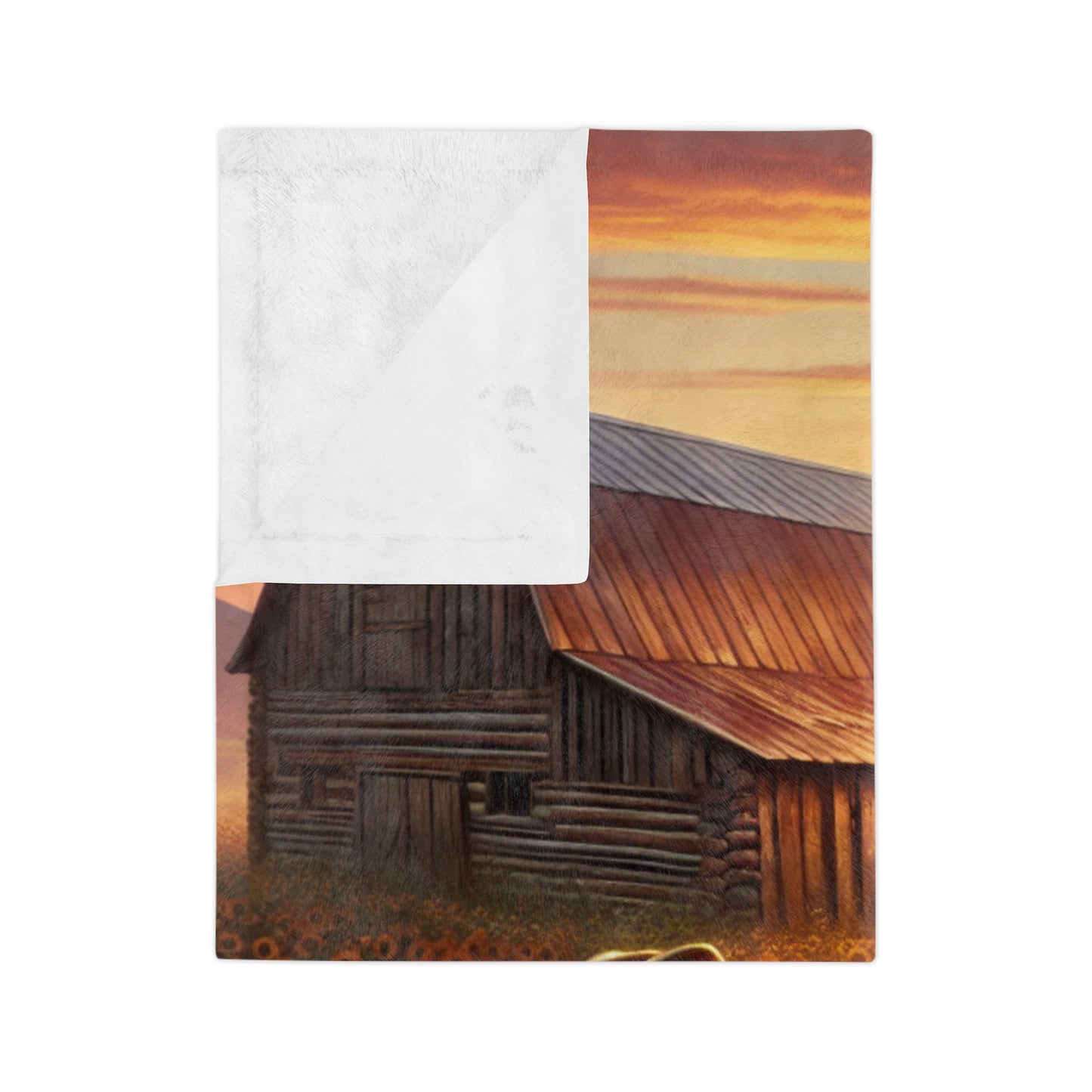 Cowgirl Sunset with barn and sunflowers, Velveteen Microfiber Blanket