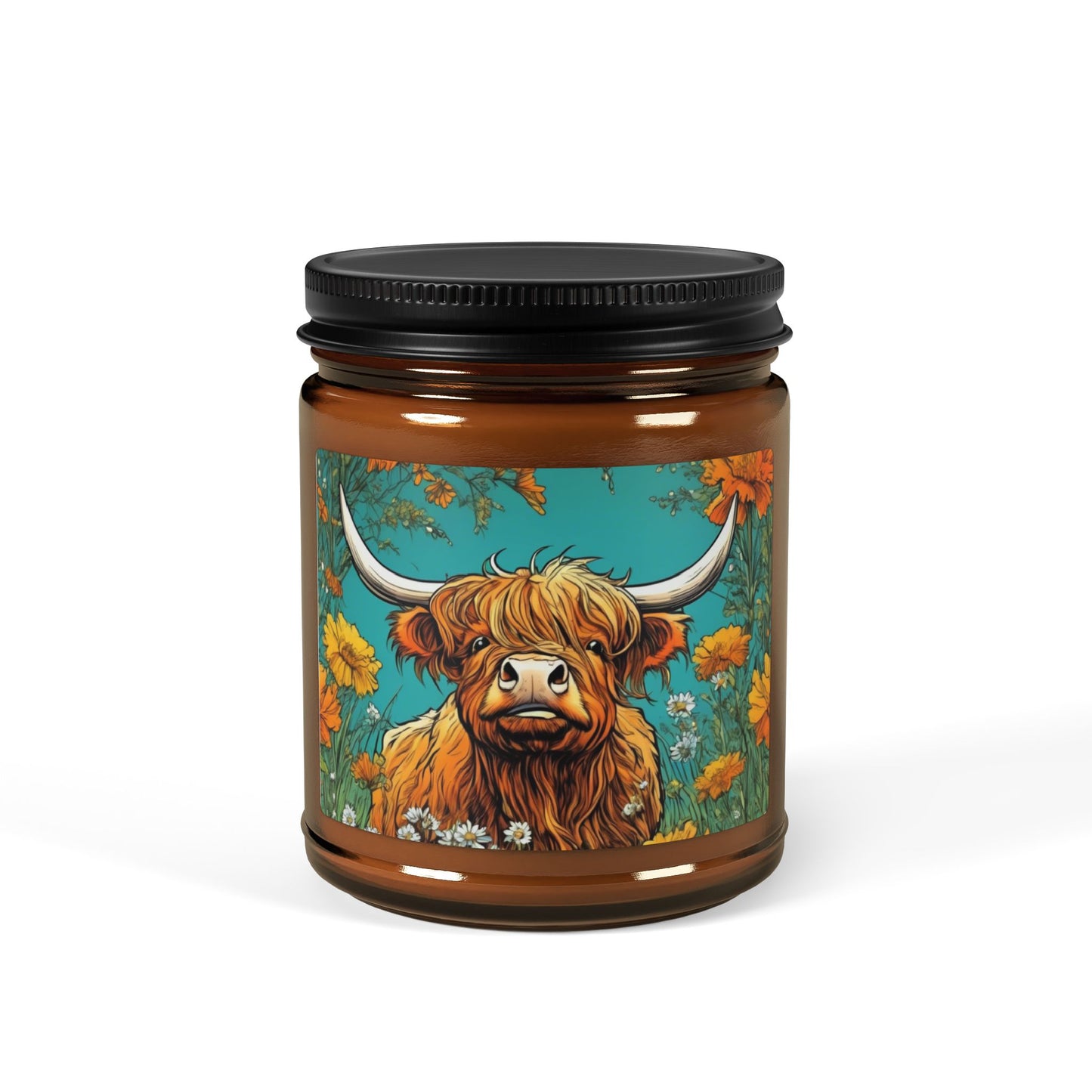 Highland Cow, Scented Soy Candle (Multi-Size, Amber Jar)