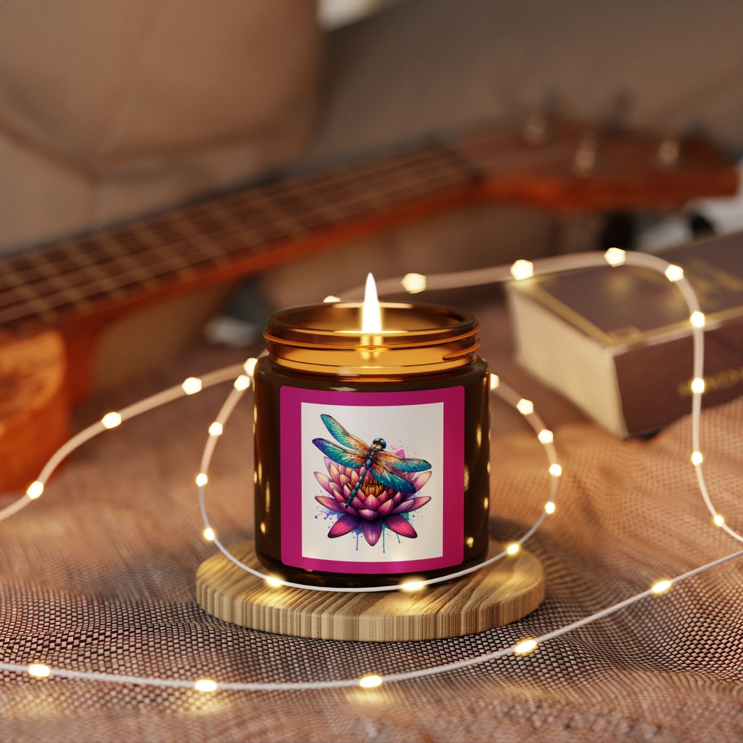 Dragonfly on Waterlily, Scented Soy Candle (Multi-Size, Amber Jar)