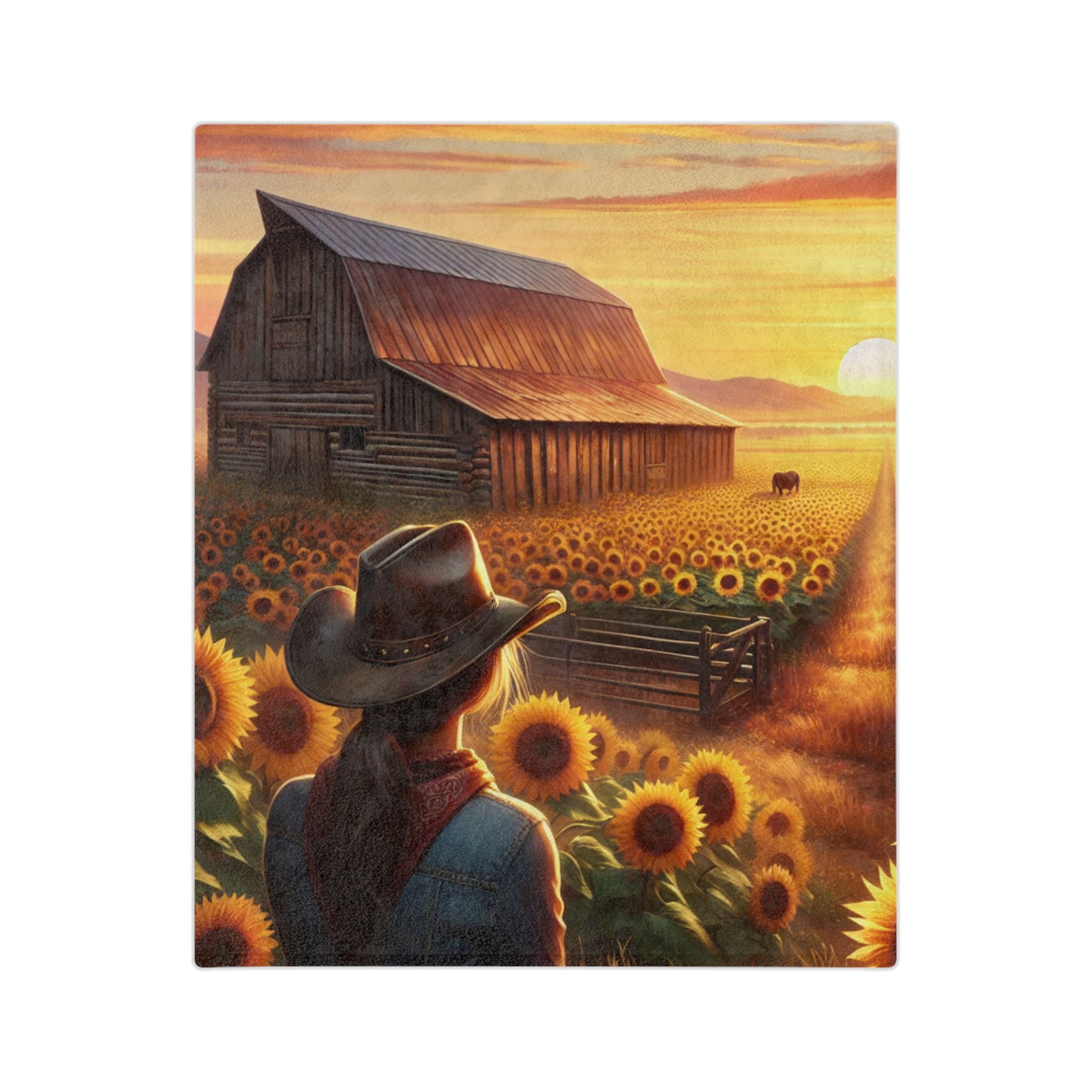 Cowgirl Sunset with barn and sunflowers, Velveteen Microfiber Blanket