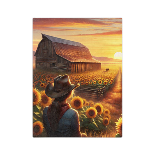 Cowgirl Sunset with barn and sunflowers, Velveteen Microfiber Blanket