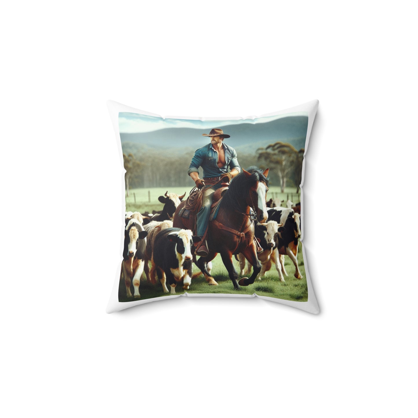 Cowboy and horse herding cattle, Spun Polyester Square Pillow