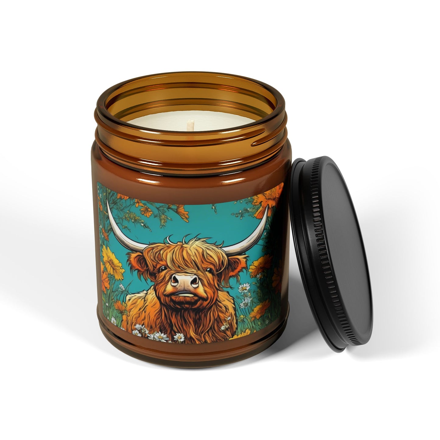 Highland Cow, Scented Soy Candle (Multi-Size, Amber Jar)