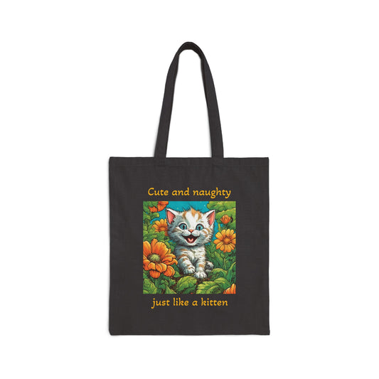 Garden Kitten, Cute and Naughty, Cotton Canvas Tote Bag